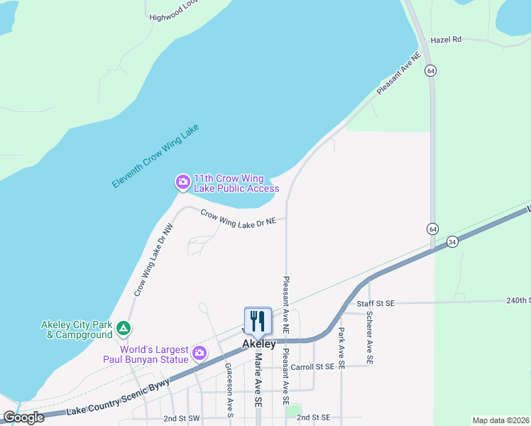 map of restaurants, bars, coffee shops, grocery stores, and more near 360 Crow Wing Lake Drive Northeast in Akeley