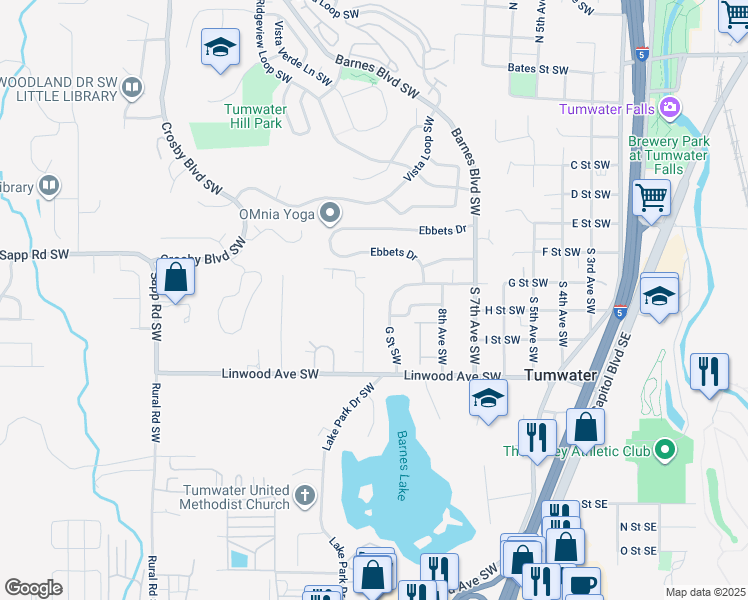 map of restaurants, bars, coffee shops, grocery stores, and more near 708 Pioneer Street Southwest in Olympia