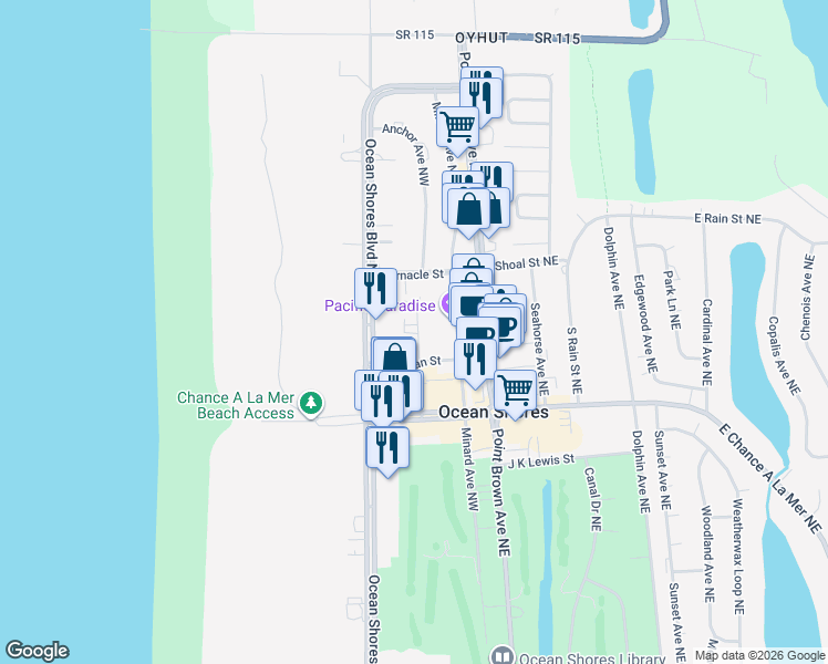 map of restaurants, bars, coffee shops, grocery stores, and more near 774 Ocean Court Northwest in Ocean Shores