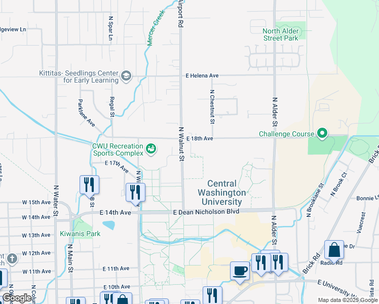 map of restaurants, bars, coffee shops, grocery stores, and more near 1601-1699 North Walnut Street in Ellensburg