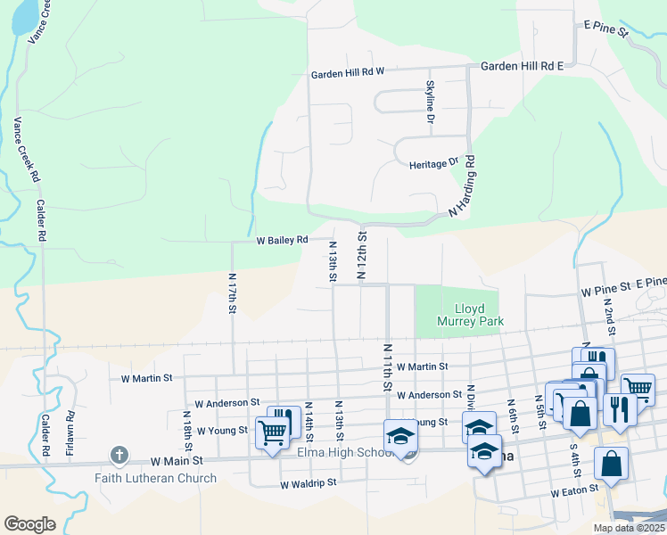 map of restaurants, bars, coffee shops, grocery stores, and more near 631 North 13th Street in Elma