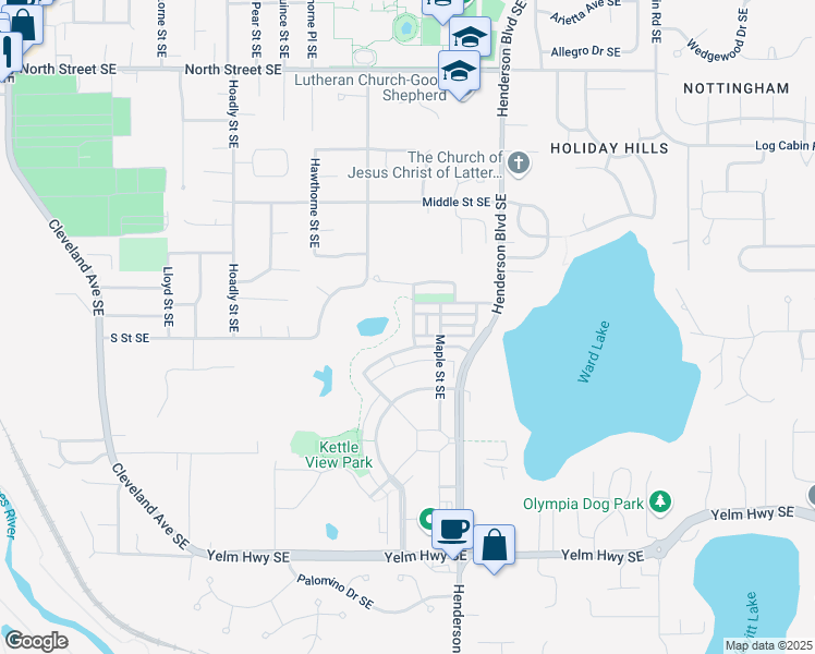 map of restaurants, bars, coffee shops, grocery stores, and more near 4109 Seneca Street Southeast in Olympia