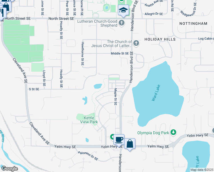 map of restaurants, bars, coffee shops, grocery stores, and more near 4109 Seneca Street Southeast in Olympia