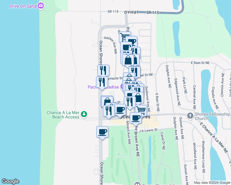 map of restaurants, bars, coffee shops, grocery stores, and more near 774 Ocean Court Northwest in Ocean Shores