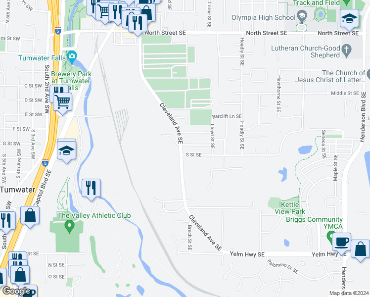 map of restaurants, bars, coffee shops, grocery stores, and more near 501 Primrose Lane Southeast in Tumwater