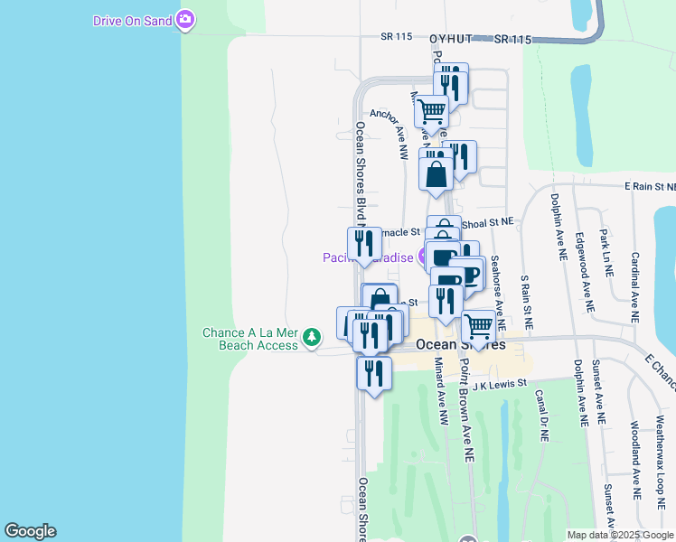 map of restaurants, bars, coffee shops, grocery stores, and more near 773 Ocean Shores Boulevard Northwest in Ocean Shores