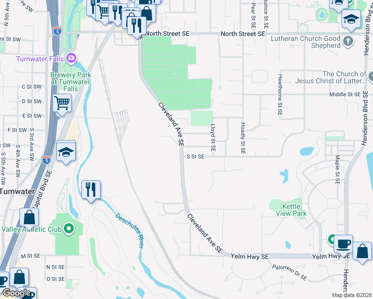 map of restaurants, bars, coffee shops, grocery stores, and more near 504 Primrose Lane Southeast in Tumwater