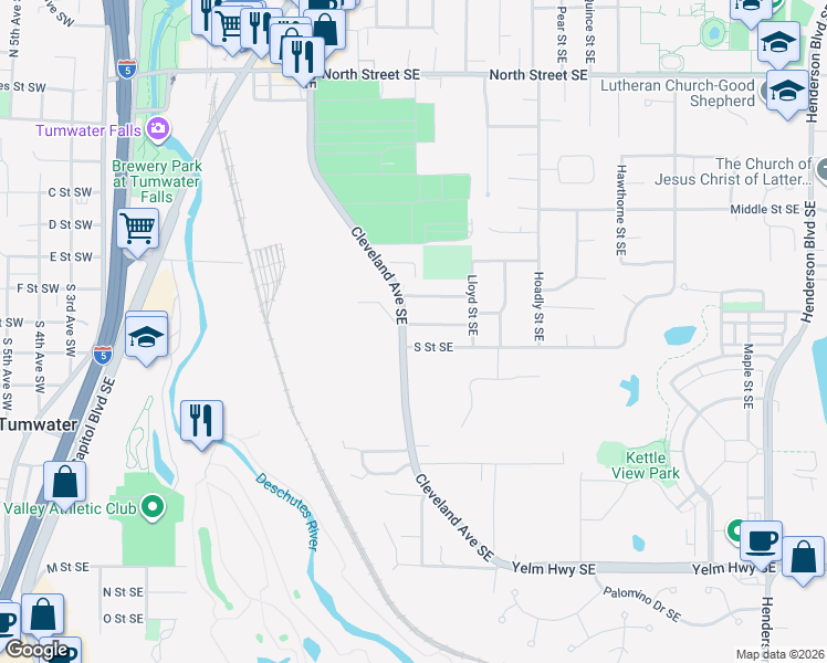 map of restaurants, bars, coffee shops, grocery stores, and more near 504 Primrose Lane Southeast in Tumwater