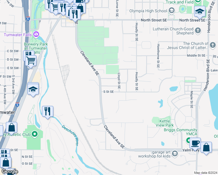 map of restaurants, bars, coffee shops, grocery stores, and more near 523 Primrose Lane Southeast in Tumwater