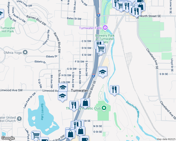 map of restaurants, bars, coffee shops, grocery stores, and more near 704 South 3rd Avenue Southwest in Tumwater