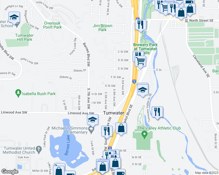 map of restaurants, bars, coffee shops, grocery stores, and more near 704 South 5th Avenue Southwest in Olympia