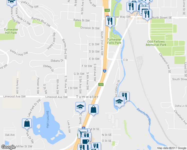 map of restaurants, bars, coffee shops, grocery stores, and more near 705 South 3rd Avenue Southwest in Tumwater
