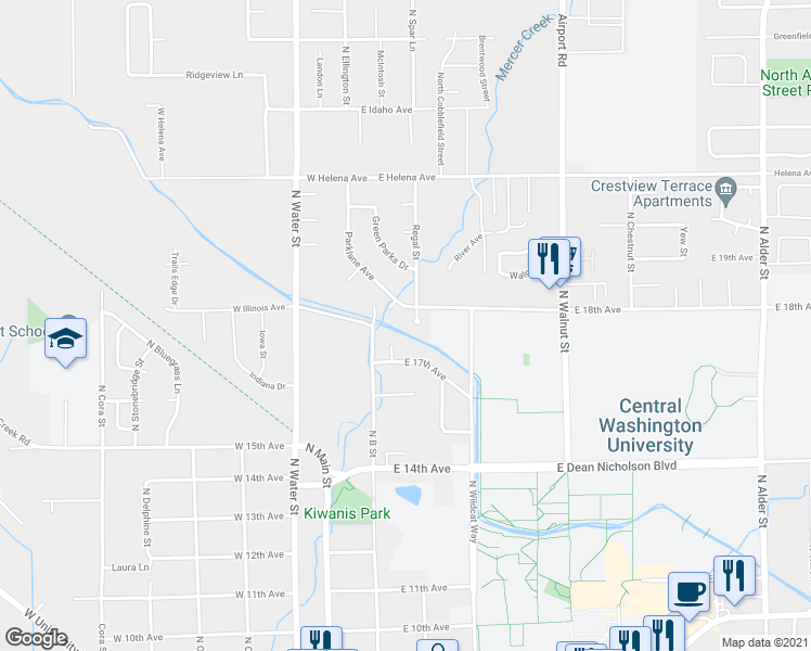 map of restaurants, bars, coffee shops, grocery stores, and more near 1705 Regal Street in Ellensburg
