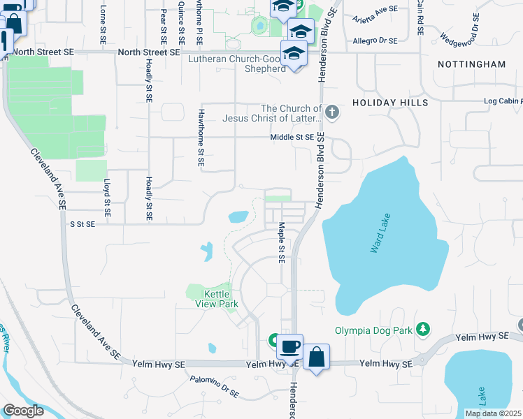 map of restaurants, bars, coffee shops, grocery stores, and more near 4109 Seneca Street Southeast in Olympia