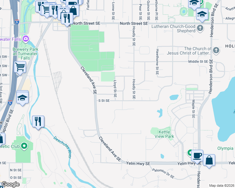 map of restaurants, bars, coffee shops, grocery stores, and more near 707 Kelsey Street Southeast in Tumwater
