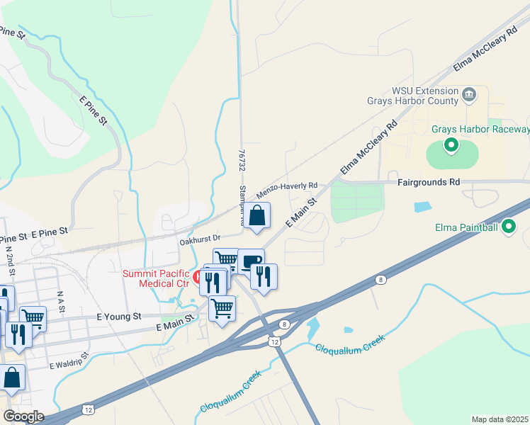 map of restaurants, bars, coffee shops, grocery stores, and more near 1015 Oakhurst Dr in Elma