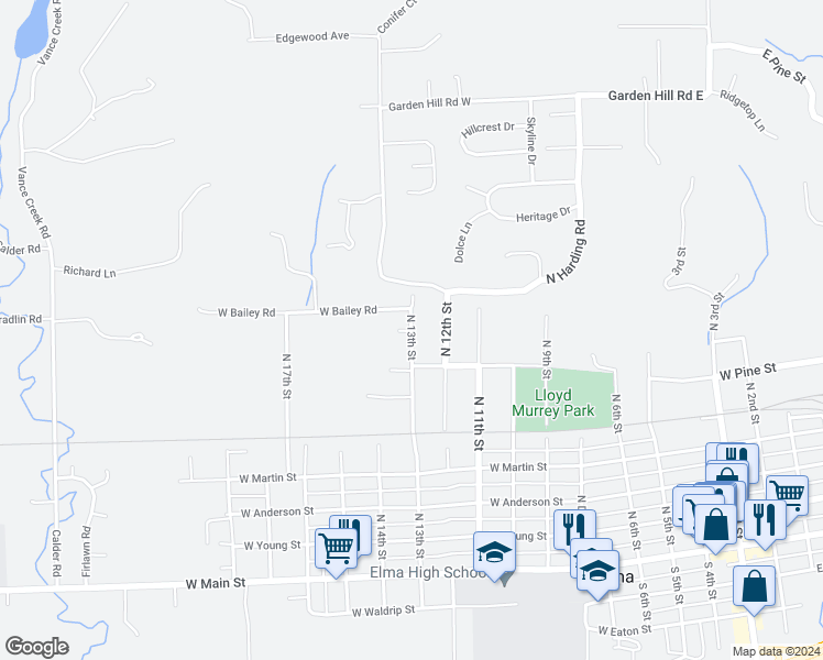 map of restaurants, bars, coffee shops, grocery stores, and more near 631 North 13th Street in Elma