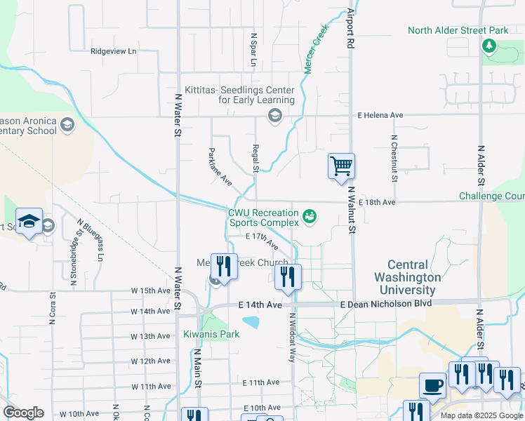 map of restaurants, bars, coffee shops, grocery stores, and more near 1706 Regal Street in Ellensburg