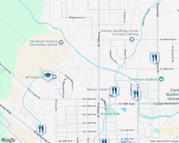 map of restaurants, bars, coffee shops, grocery stores, and more near 1713 Iowa Street in Ellensburg