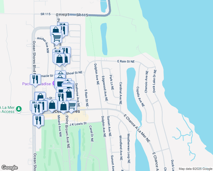 map of restaurants, bars, coffee shops, grocery stores, and more near 756 Edgewood Avenue Northeast in Ocean Shores