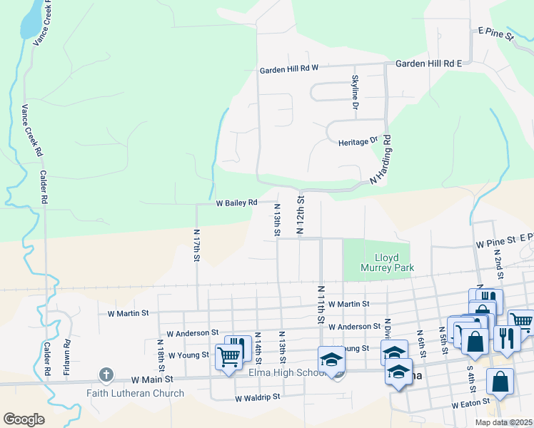 map of restaurants, bars, coffee shops, grocery stores, and more near 631 North 13th Street in Elma
