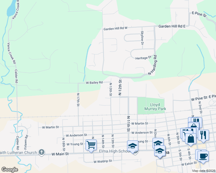 map of restaurants, bars, coffee shops, grocery stores, and more near 631 North 13th Street in Elma