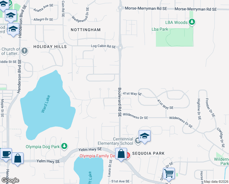 map of restaurants, bars, coffee shops, grocery stores, and more near 2536 42nd Avenue Southeast in Olympia