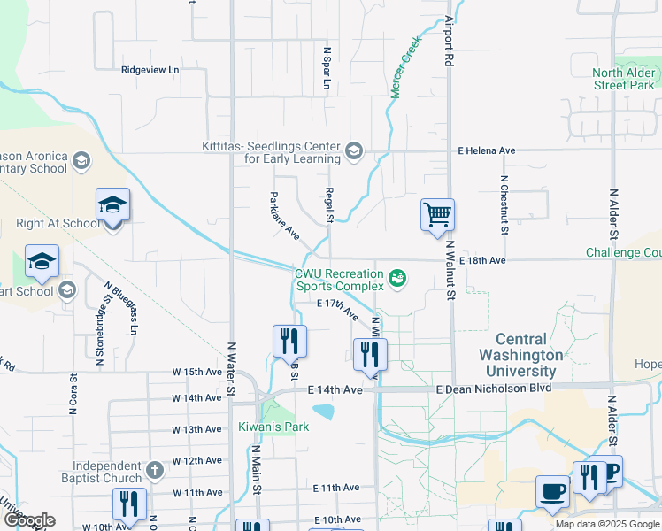 map of restaurants, bars, coffee shops, grocery stores, and more near 1705 Regal Street in Ellensburg