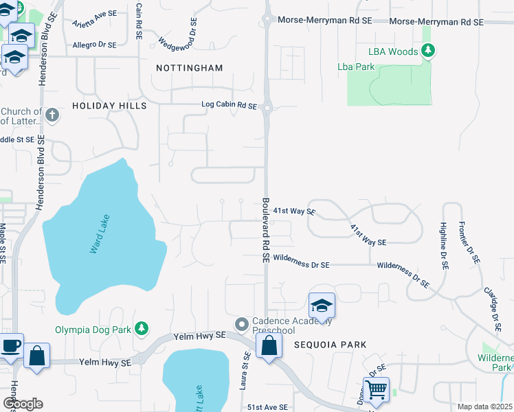 map of restaurants, bars, coffee shops, grocery stores, and more near 4110 Debbie Court Southeast in Olympia