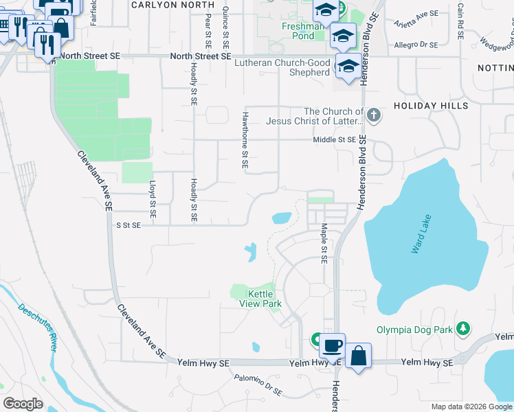 map of restaurants, bars, coffee shops, grocery stores, and more near 1109 South Saint Southeast in Tumwater