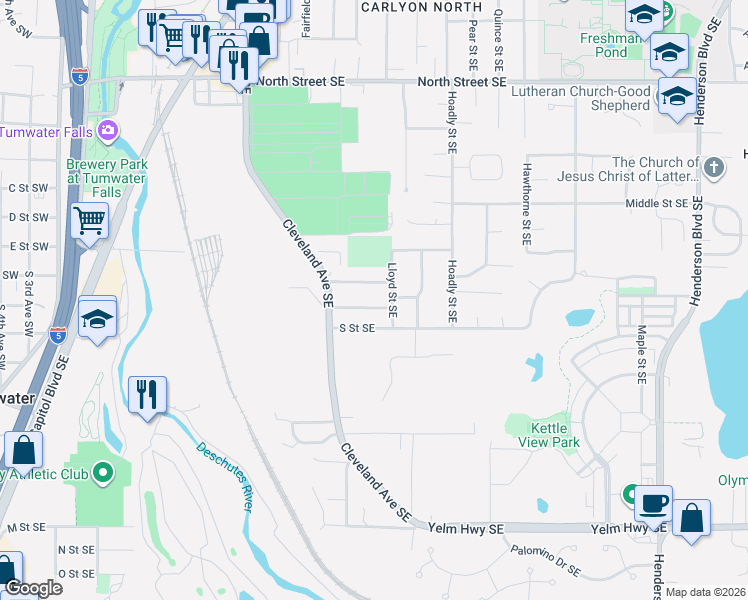 map of restaurants, bars, coffee shops, grocery stores, and more near 604 Primrose Lane Southeast in Tumwater