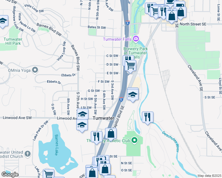 map of restaurants, bars, coffee shops, grocery stores, and more near 705 South 3rd Avenue Southwest in Tumwater