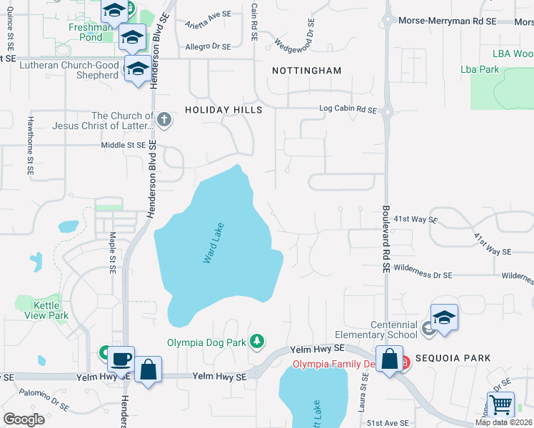 map of restaurants, bars, coffee shops, grocery stores, and more near 4119 Ward Lake Court Southeast in Olympia