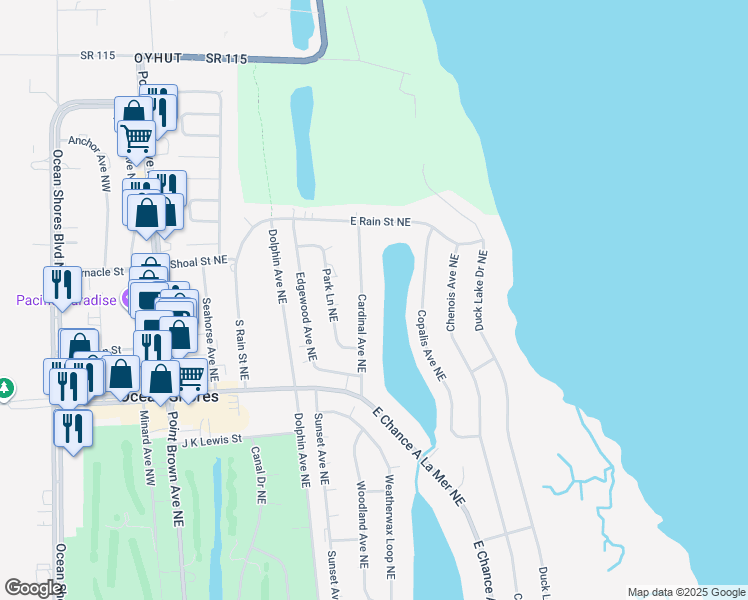 map of restaurants, bars, coffee shops, grocery stores, and more near 750 Cardinal Avenue Northeast in Ocean Shores