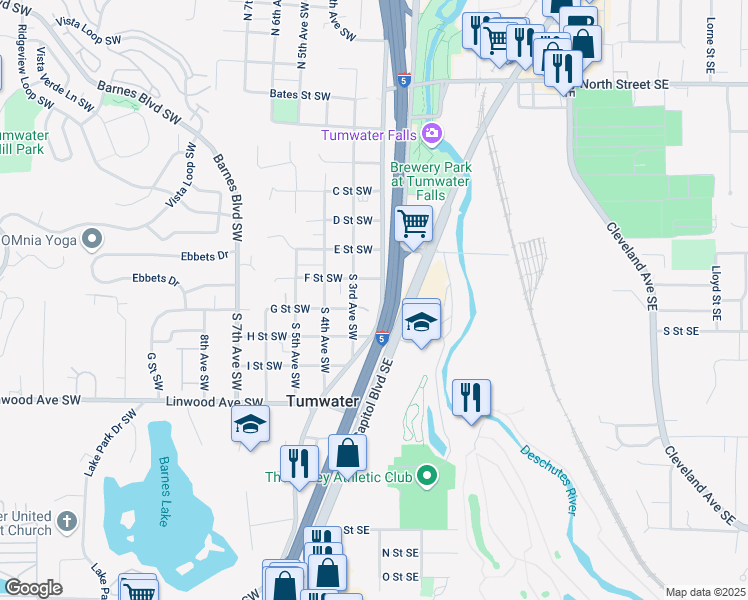 map of restaurants, bars, coffee shops, grocery stores, and more near 705 South 2nd Avenue Southwest in Tumwater