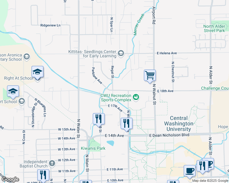 map of restaurants, bars, coffee shops, grocery stores, and more near 1705 Regal Street in Ellensburg