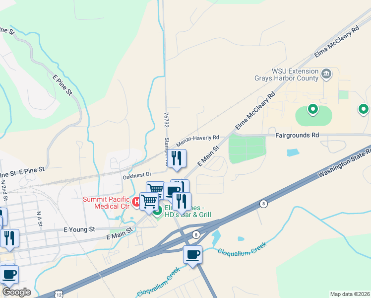 map of restaurants, bars, coffee shops, grocery stores, and more near 1015 Oakhurst Drive in Elma