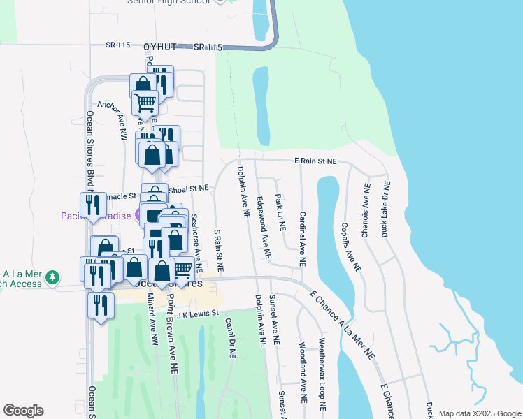 map of restaurants, bars, coffee shops, grocery stores, and more near 756 Edgewood Avenue Northeast in Ocean Shores