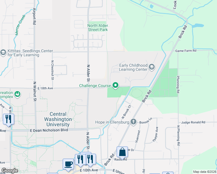 map of restaurants, bars, coffee shops, grocery stores, and more near 1300 East 18th Avenue in Ellensburg