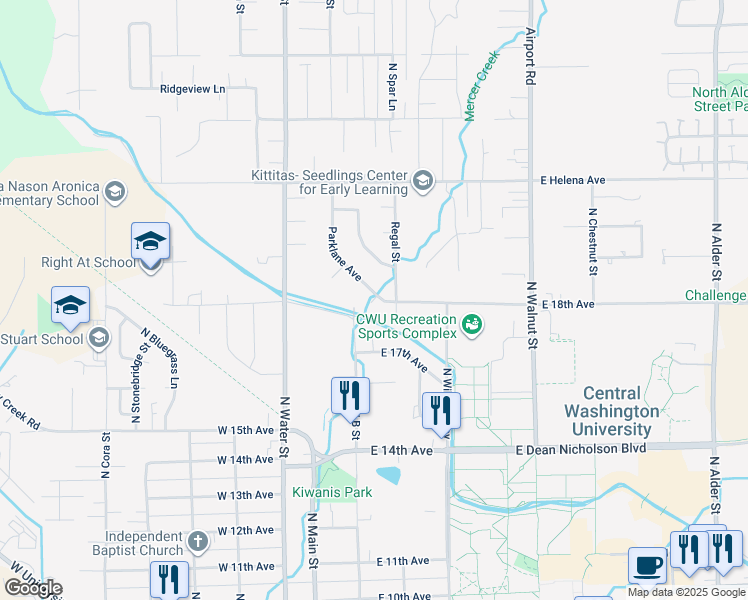 map of restaurants, bars, coffee shops, grocery stores, and more near 1705 Regal Street in Ellensburg