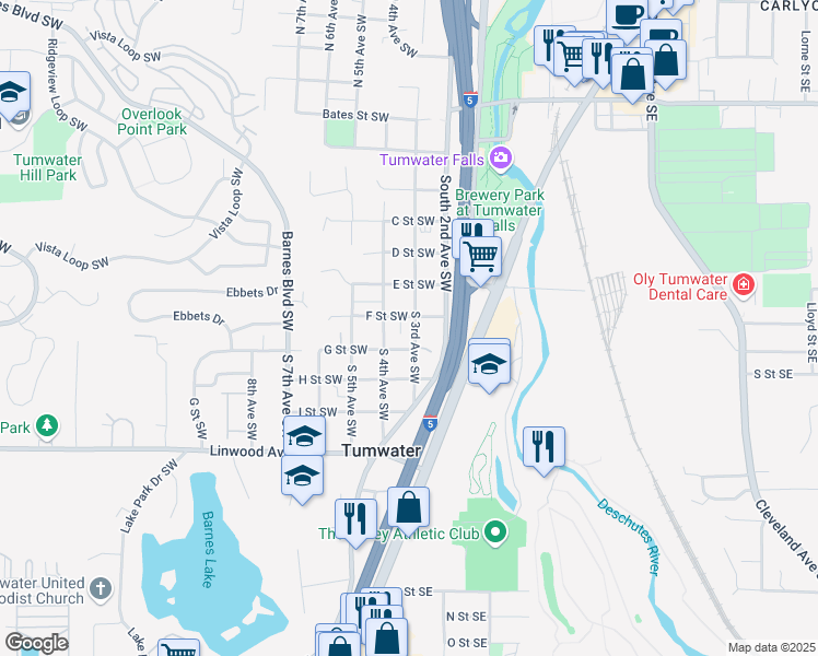 map of restaurants, bars, coffee shops, grocery stores, and more near 705 South 3rd Avenue Southwest in Tumwater