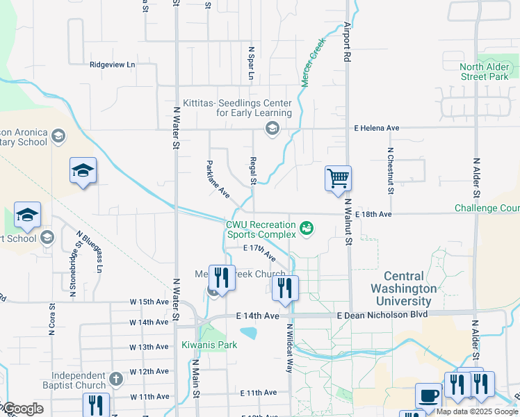 map of restaurants, bars, coffee shops, grocery stores, and more near 109 East 18th Avenue in Ellensburg