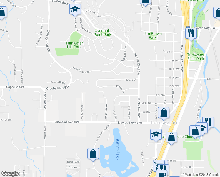 map of restaurants, bars, coffee shops, grocery stores, and more near 4120 Pioneer Street Southwest in Tumwater