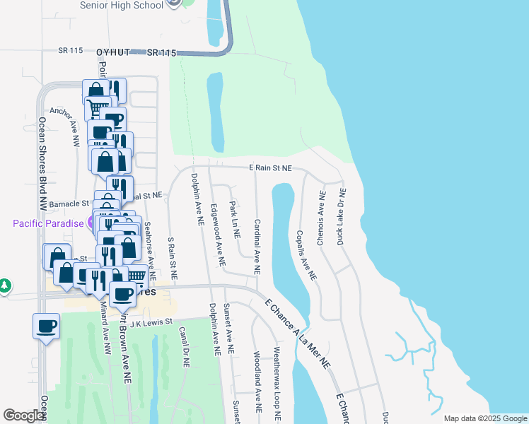 map of restaurants, bars, coffee shops, grocery stores, and more near 750 Cardinal Avenue Northeast in Ocean Shores