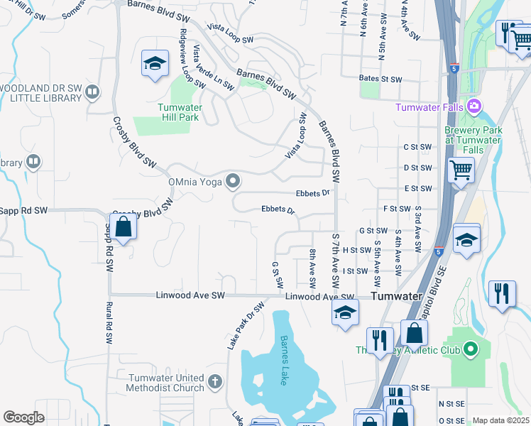 map of restaurants, bars, coffee shops, grocery stores, and more near 1262 Ebbets Drive in Tumwater