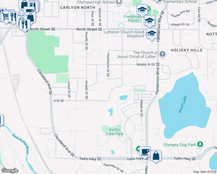 map of restaurants, bars, coffee shops, grocery stores, and more near South Street Court Southeast in Tumwater