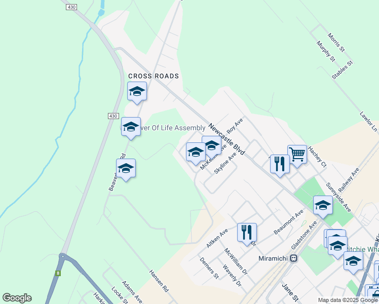 map of restaurants, bars, coffee shops, grocery stores, and more near 365 Sunset Avenue in Miramichi