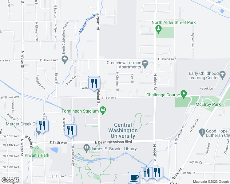 map of restaurants, bars, coffee shops, grocery stores, and more near 1805 North Chestnut Street in Ellensburg