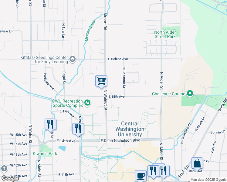 map of restaurants, bars, coffee shops, grocery stores, and more near 1902 North Walnut Street in Ellensburg
