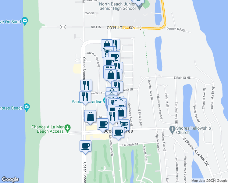 map of restaurants, bars, coffee shops, grocery stores, and more near in Ocean Shores